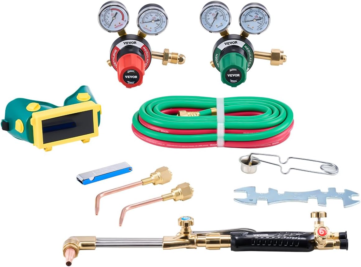 VEVOR Oxygen Acetylene Torch Kit, Gas Welding Cutting Torch Kit, 12PCS Oxy Acetylene Brazing Tool Set with 177 inches Twin-Hose, 1 Cutting Nozzle, 2 Welding Tips & 2 Regulators (without Gas Cylinder)