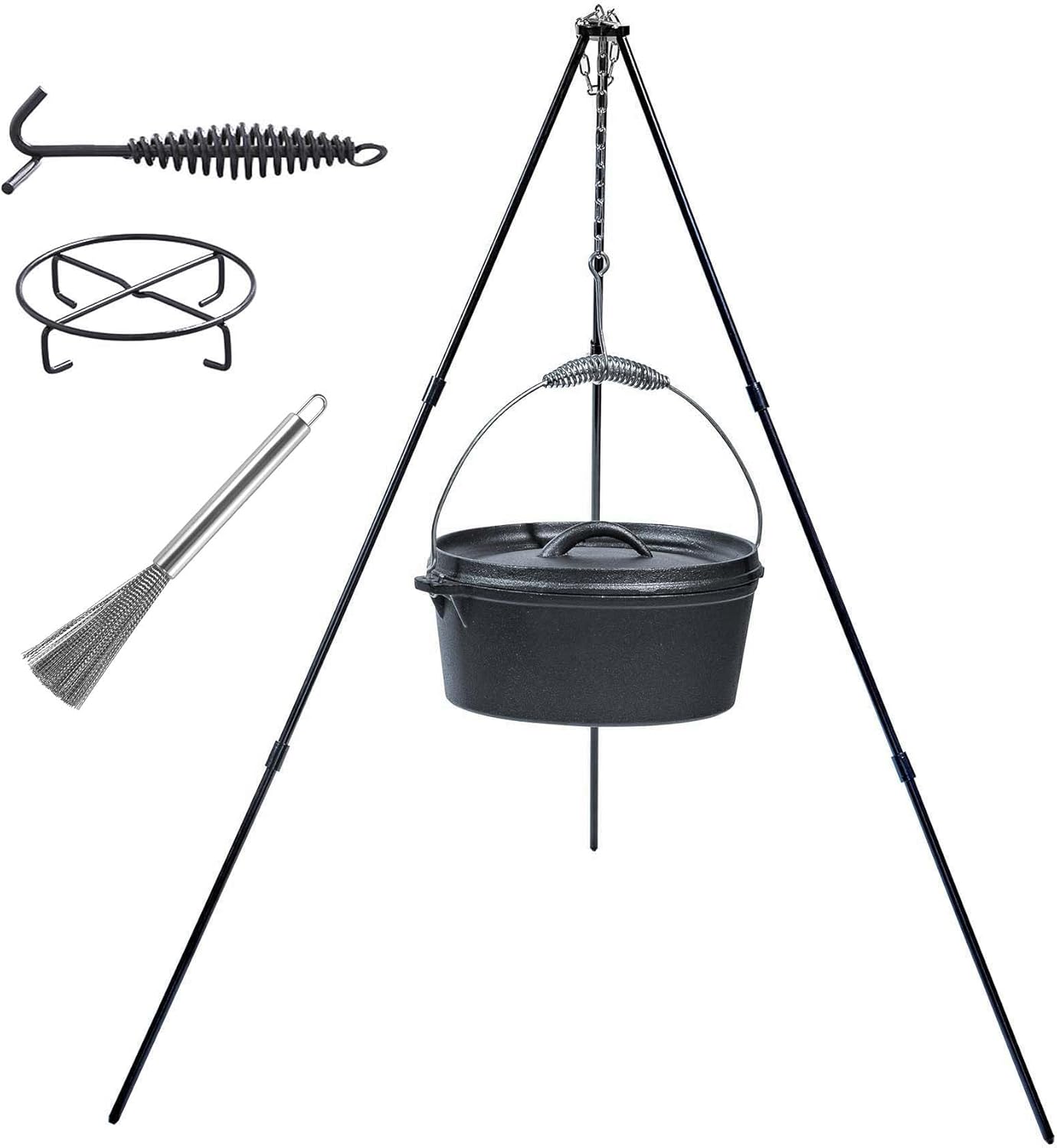 4.5Qt camping dutch oven with lid，cast iron dutch oven，Lifter Handle，Camping Tripod，Cast Iron Camping Cookware, Camping Oven - Campfire Cooking Equipment，With Free Scrubber Brush Stainless Steel Material