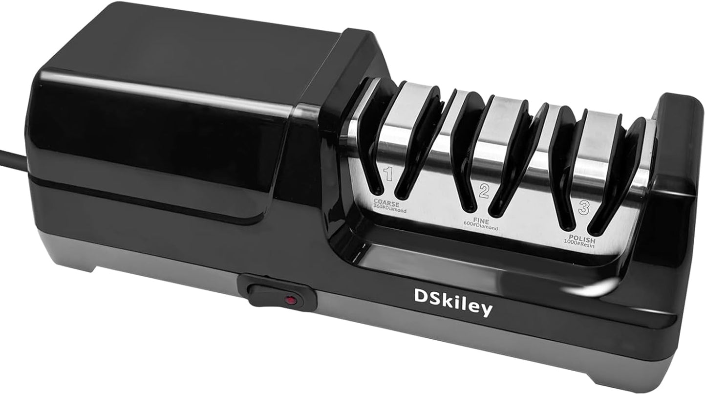 DSkiley Professional 3-stage Electric Knife Sharpener for Kitchen Knives, with 100% Diamond Abrasive 20° Precision Angle Guide, Quickly Sharpening, Repairing\/Restoring\/Polish Blades (Black)
