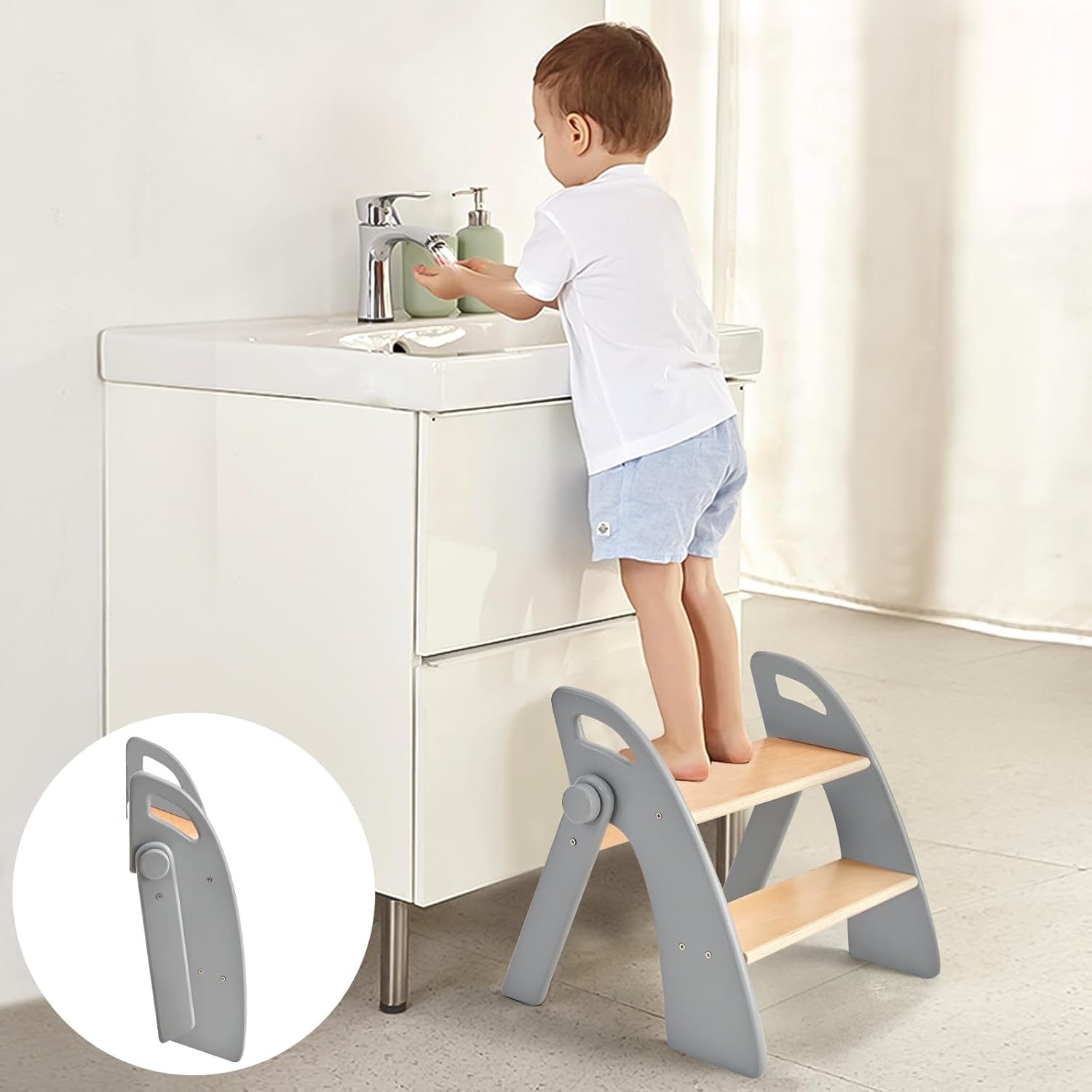 Wooden 2 Step Stool for Kids Bathroom Sink Foldable Anti-Slip 2-Step for Toilet Potty Training, Child Stepping Stool for Kitchen Nursery Bedroom, Sturdy Non Slip Adult Stool for Closet Grey