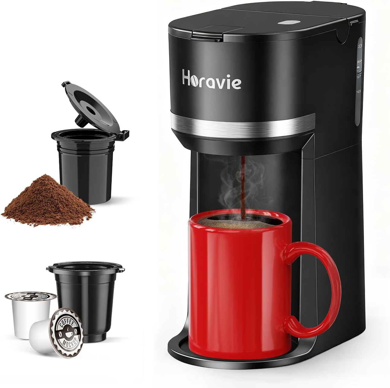 Horavie Mini Single Serve Coffee Maker for K Cup and Ground Coffee, Fast Brew One Cup Coffee Machine with Descaling Reminder and Water Window, 6 to 12 oz. Brew Sizes, Black