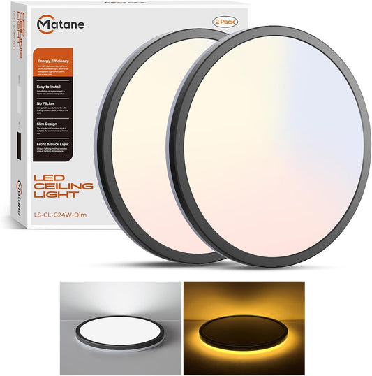 Matane 2Pack LED Flush Mount Ceiling Light Fixture with Night Light, 12inch 24W 2400LM 3000K\/4000K\/5000K Selectable, Dimmable LED Ceiling Lights for Bedroom, Dining Room, Kitchen, Round Black