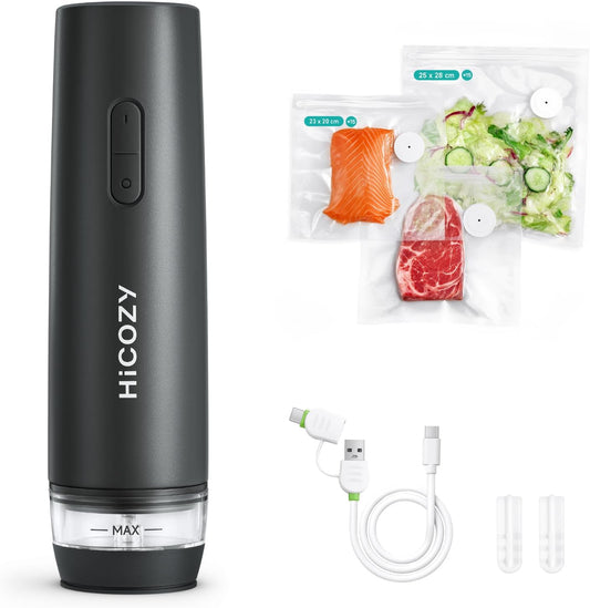 HiCOZY Compact Vacuum Sealer for Food with Visible Water Tank, Portable Handheld Vacuum Sealer Machine with 30 BPA-Free and Reusable Bags, One Press to Seal Fresh, Phantom Gray