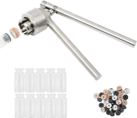 HighFree 20mm Vial Crimper, Manual Sealer Hand Sealing Machine with 10 Set of 10ml Vials + Stopper + Caps, Handheld Vial Crimper for Crimping 20mm Diameter Plastic-Aluminum Flip Caps