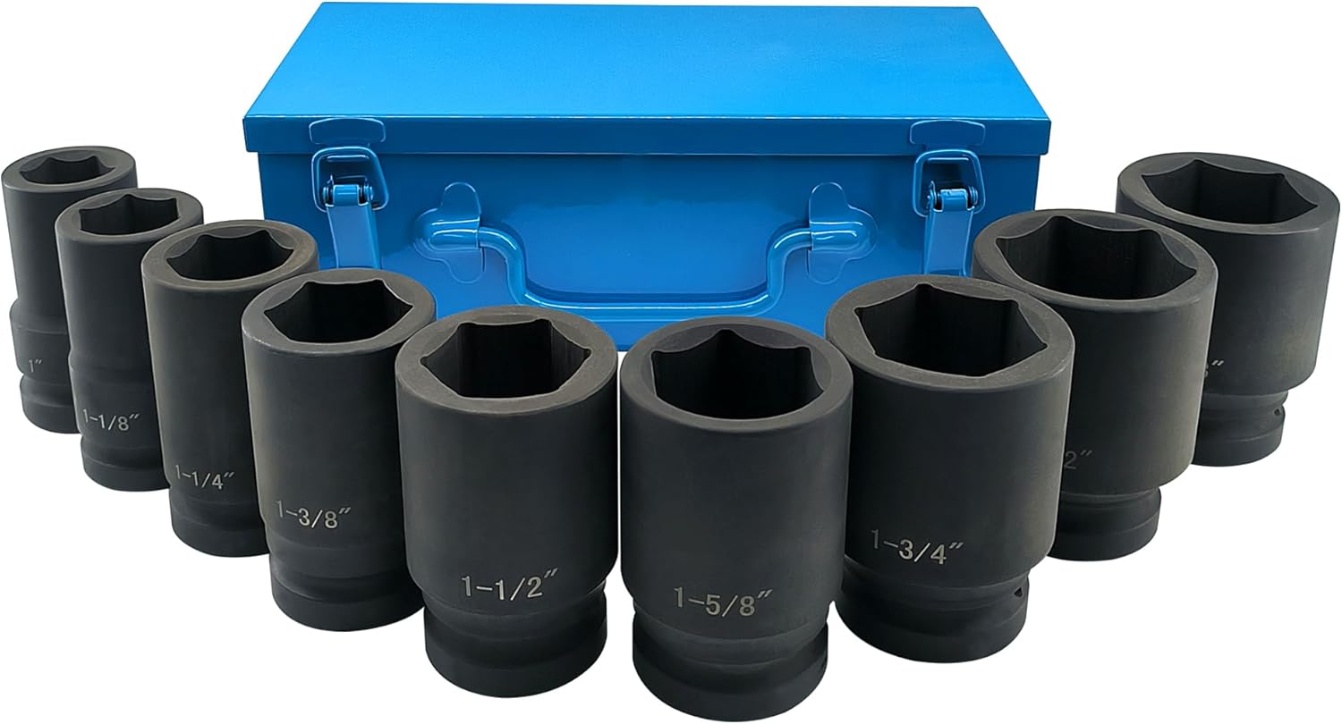 1 Inch Drive Deep Impact Socket Set, 9 Pieces Jumbo Impact Socket Sets, SAE 1" to 2", Chrome Steel, 6-Point Design, Metal Case