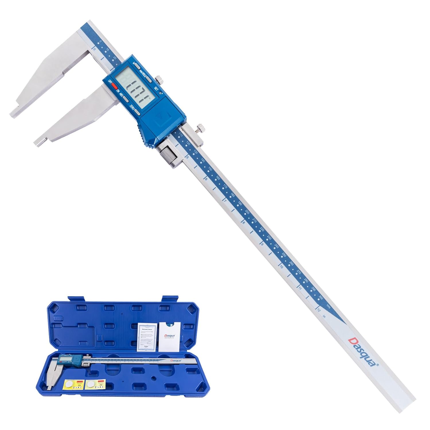 Dasqua 0-12"\/300mm Heavy Duty Long Jaw Absolute Origin Digital Caliper, IP54 Stainless Steel Electronic Measuring Tool, in\/mm Conversion, Accurary ±0.002"\/0.04mm, Resolution 0.0005"\/0.01mm