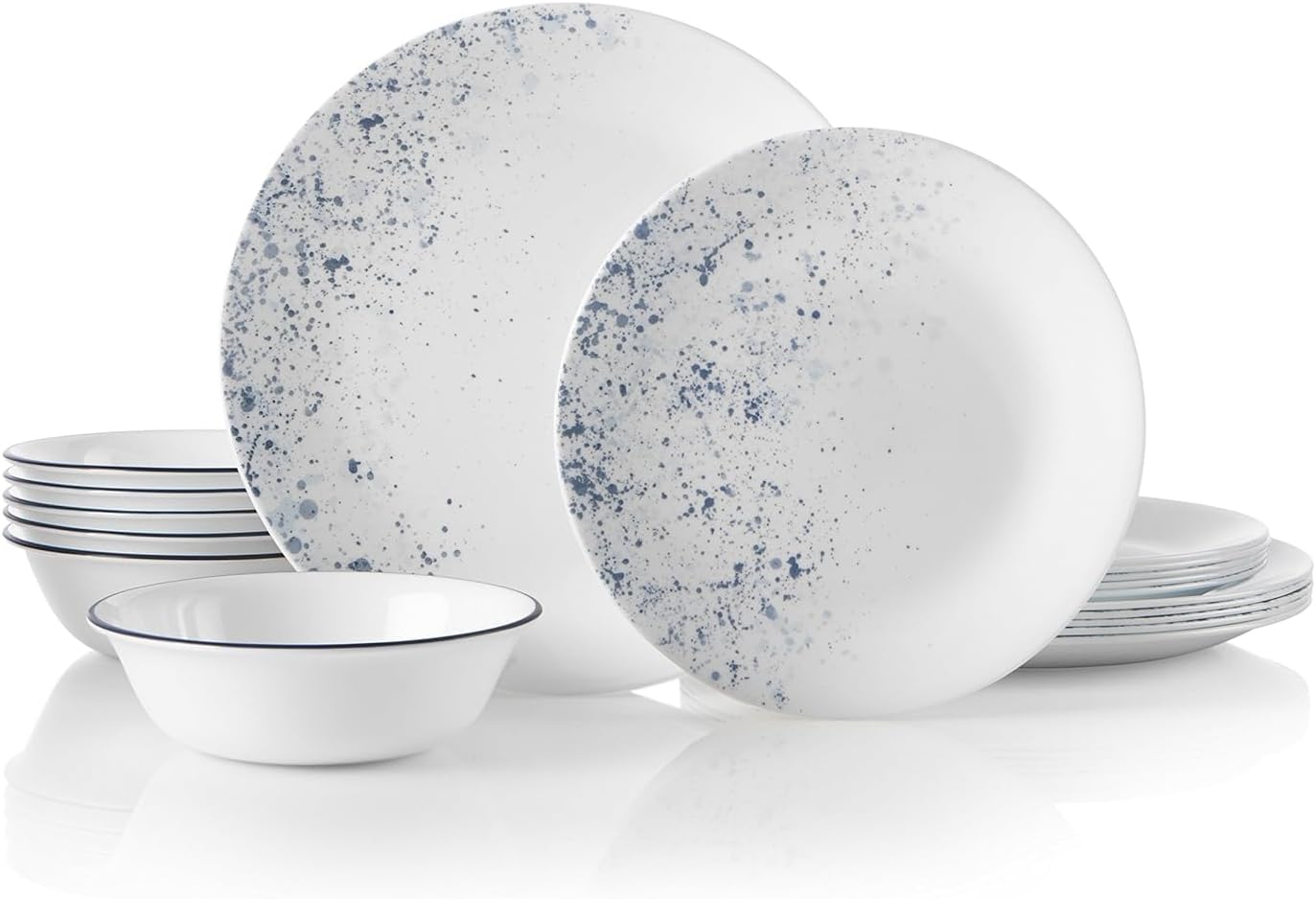 Corelle Vitrelle 18-Piece Service for 6 Dinnerware Set Triple Layer Glass and Chip Resistant, Lightweight Round Plates and Bowls Set, Indigo Speckle
