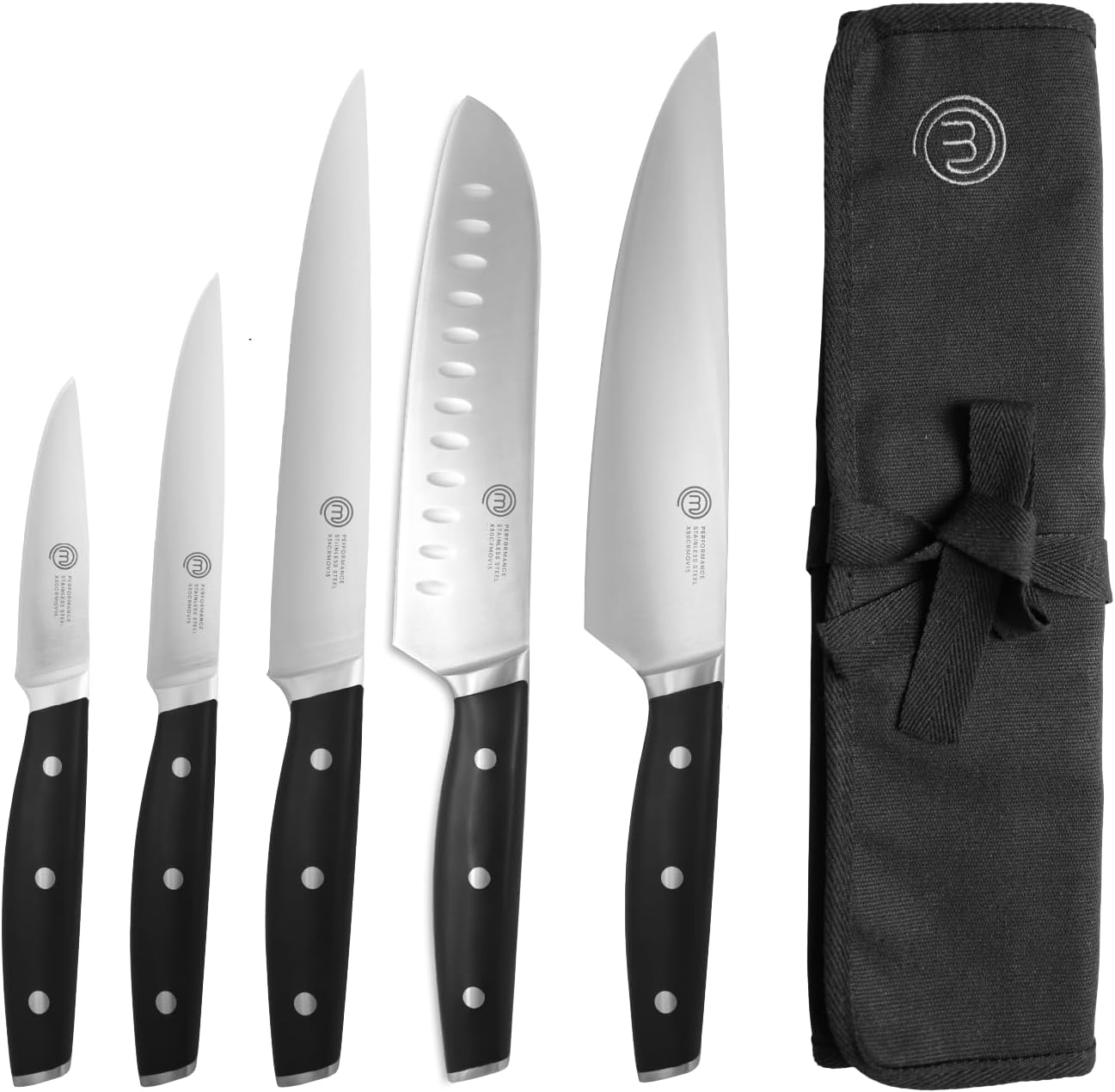 MasterChef Chef Knife Set with Bag, Knife Roll Set with 5 Professional Quality Kitchen Knives for Precision Home Cooking, High Carbon Stainless Steel Blades & Triple Riveted Handles