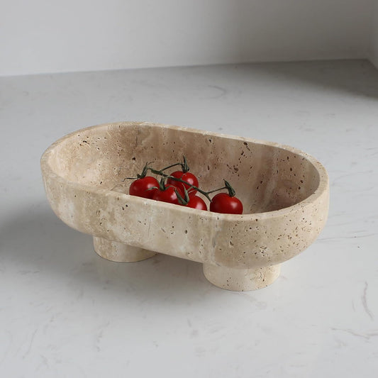 Natural Oval Travertine Fruit Bowl for Kitchen Counter 10", Large Decorative Bowl Two-Legs for Home Decor, Fruits Holder For Dining Table - Kitchen Organization