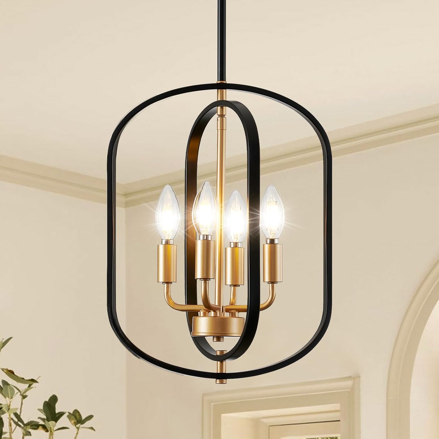 Black and Gold Chandelier for Dining Room, 4 Light Farmhouse Entryway Light Fixture, Adjustable Modern Farmhouse Chandelier Light Rustic Small Kitchen Chandelier for Entryway, Living Room, Foyer
