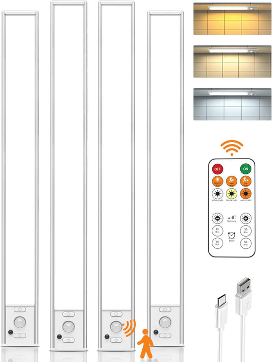 Under Cabinet Lighting Wireless,16 inch LED Motion Sensor Light Indoor, USB Rechargeable Closet Lights with Remote Control, 3 Color Temps Under Counter Lights for Kitchen, Wardrobe, Stairs, 4 Pack