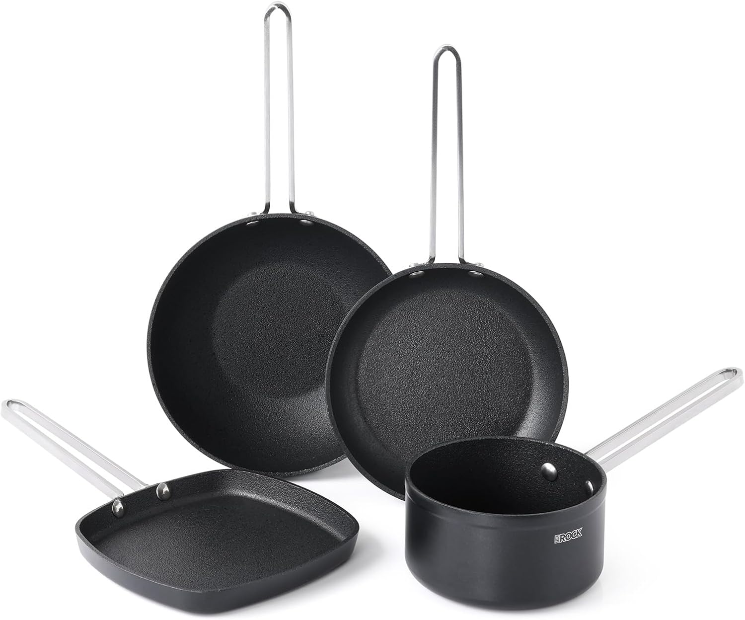 THE ROCK Single Serve Nonstick Pots and Pans Set, 4pc Portion Control Cookware Set with Rock.Tec, Scratch\/Stain\/Crack Proof, Oven & Dishwasher Safe, Perfect for Dorm, Camping & Small Kitchens, Black