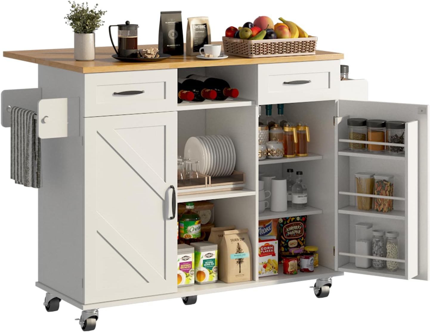 knoworld 51.5'' Rolling Kitchen Island with Storage Cabinet & Drawers, Drop Leaf Kitchen Cart on Wheels, Farmhouse Portable Mobile Islands, Large Butcher Block Table with Tower\/Spice Rack, White