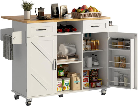 knoworld 51.5'' Rolling Kitchen Island with Storage Cabinet & Drawers, Drop Leaf Kitchen Cart on Wheels, Farmhouse Portable Mobile Islands, Large Butcher Block Table with Tower\/Spice Rack, White