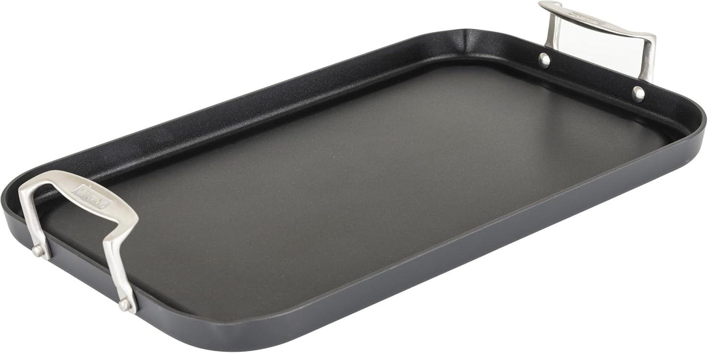 Viking Non Stick Double Burner Griddle, Hard Anodized Nonstick Kitchen Cookware Grill Pan with Handles, Oven Safe, Works on Electronic, Ceramic, and Gas Stove Tops, 19 x 11 Inch