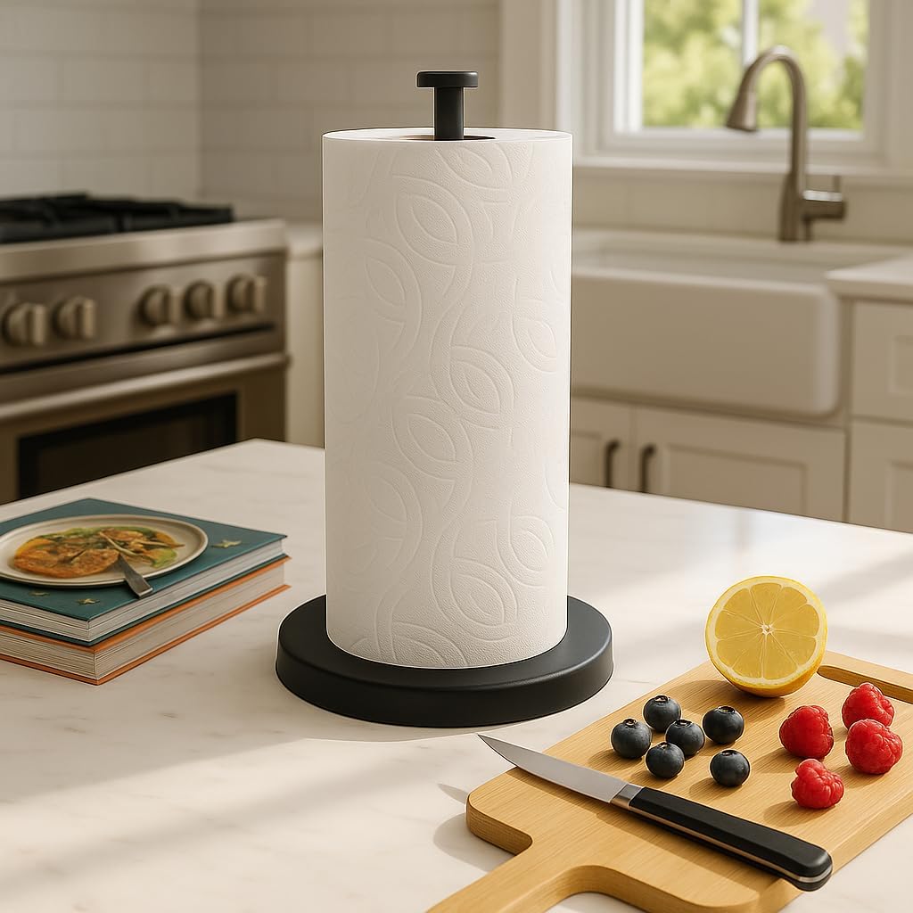 KES Matte Black Paper Towel Holder Countertop, Kitchen Paper Roll Holder Stand with Weighted Base Heavy for Standard or Gaint Rolls SUS304 Stainless Steel Matte Black, KPH202-BK