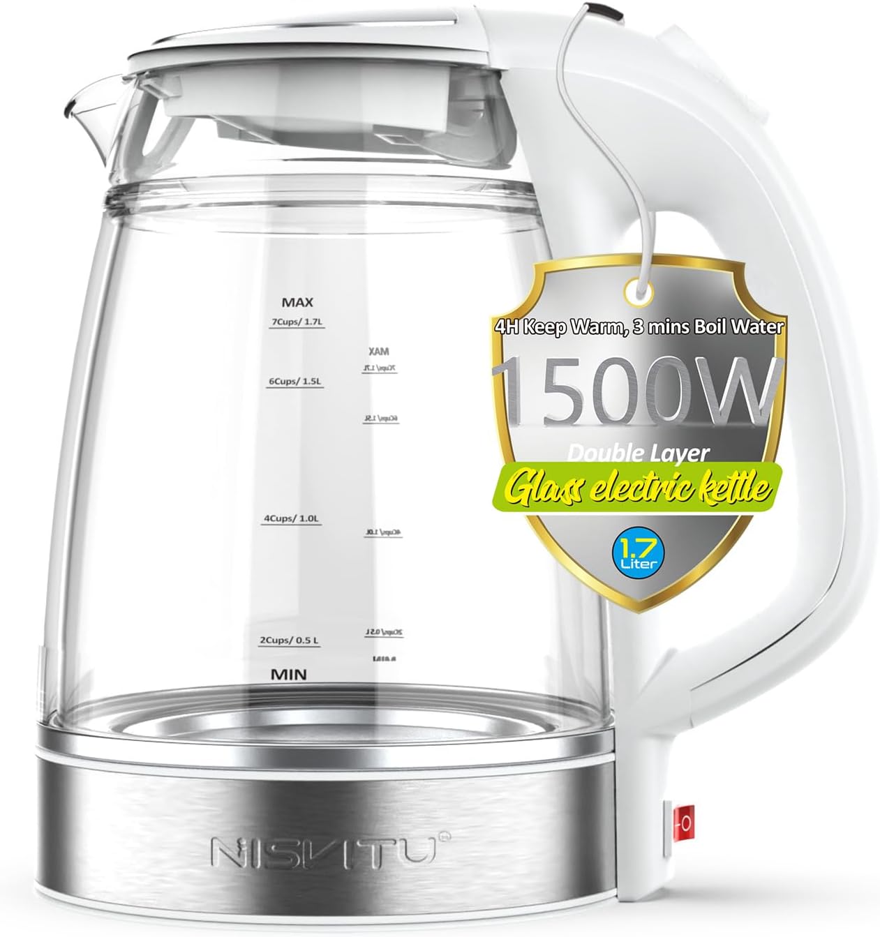 NISVITU Glass & Stainless Steel Cordless Electric kettle for boiling water, Hot water boiler Electric Tea Kettle automatic shut off Boil-Dry Protection, PC Outer + Glass Inner, 1500W, 1.7L, WH