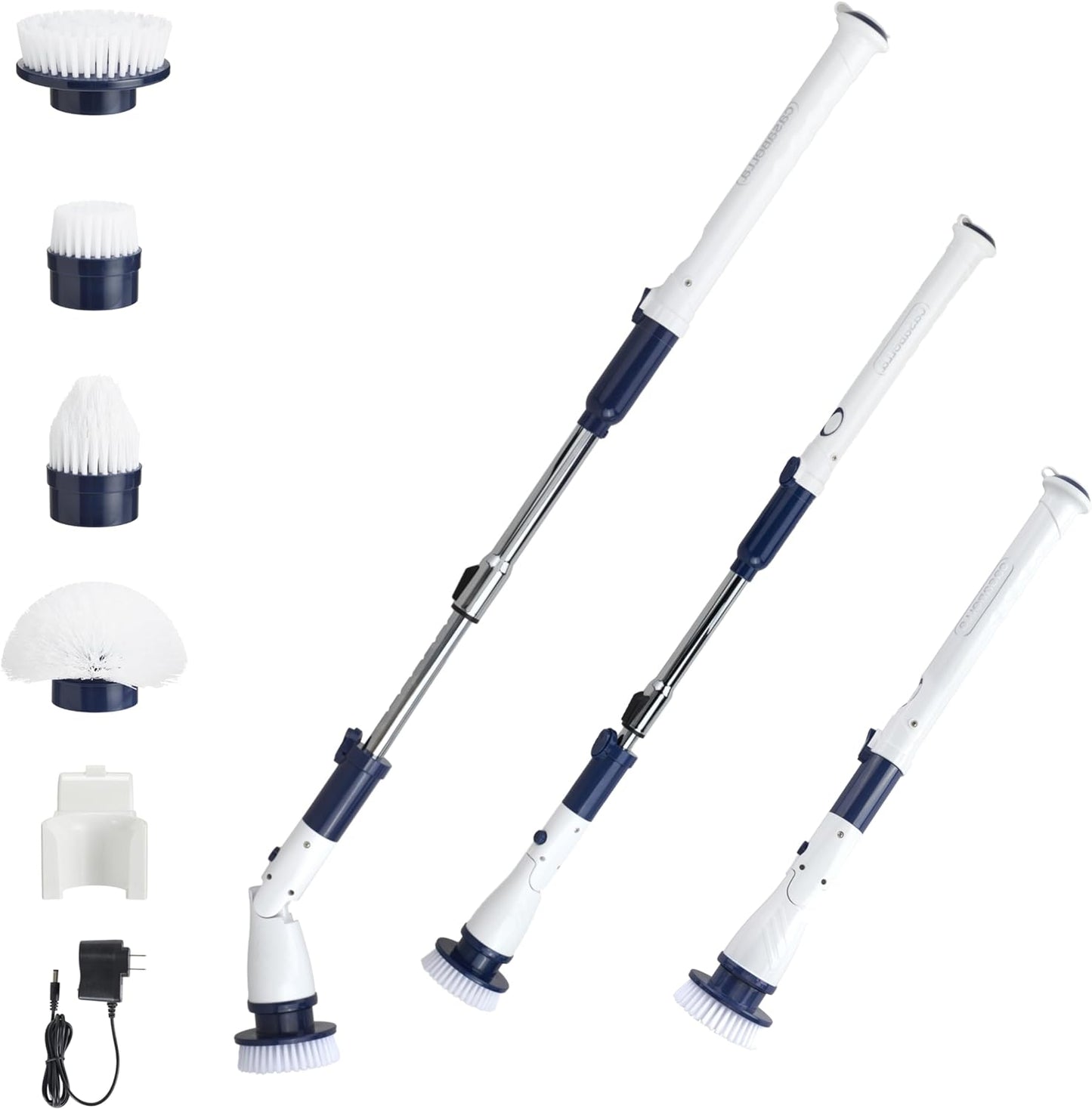 Casabella Power Spin Scrubber, Extendable to 47.5\u201D \u2013 Cordless Electric Cleaner for Shower, Kitchen, Bathroom, Tile, Tub, Car, Deck - Rechargeable Spin Brush with Adjustable Brush Head & 4 Attachments