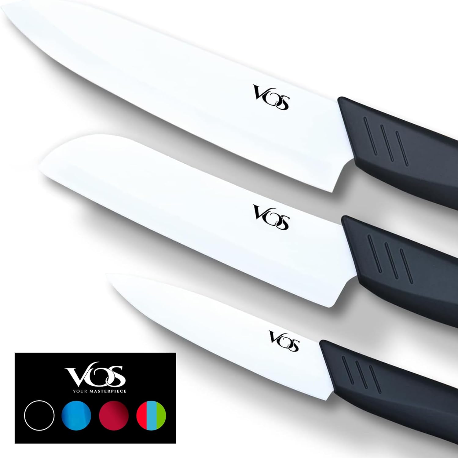 Vos Ceramic Knife Set in Elegant Gift Box, Ceramic Knives Set For Kitchen, Ultra Sharp Kitchen Knife Set with Covers, 4" 5" 6" Paring, Santoku & Chef Knife, Lightweight, Dishwasher safe (Black Handle)