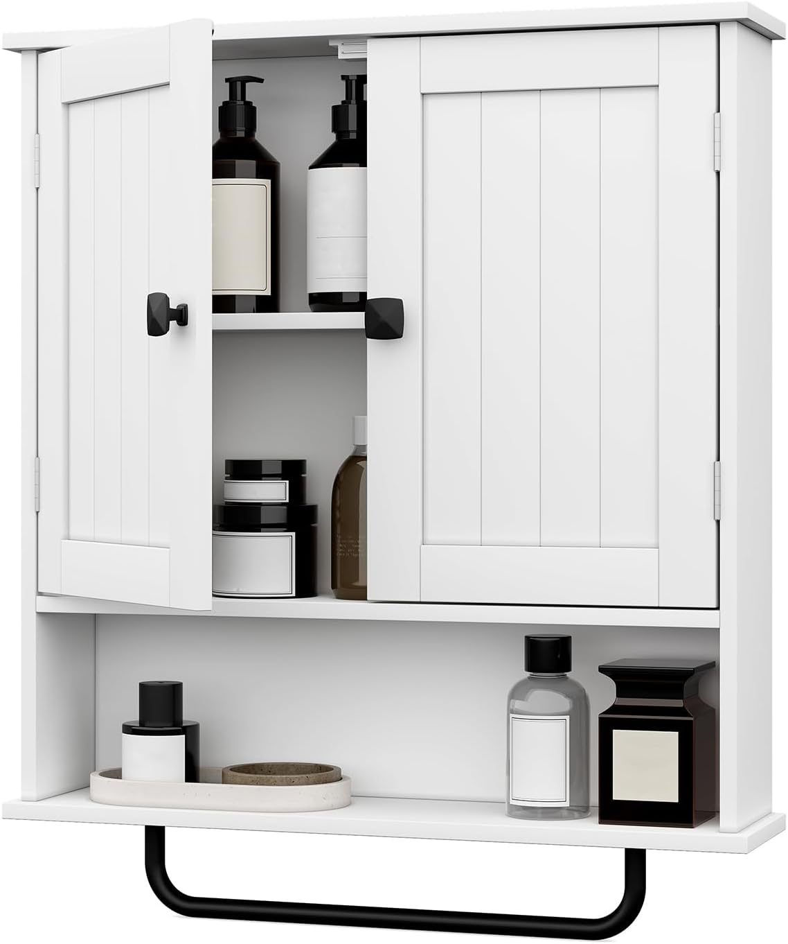 RRX Bathroom Cabinet Wall Mounted Medicine Cabinets with Towels Bar, Over The Toilet Storage Cabinet with 2 Doors and Adjustable Shelf, White Wall Cabinet for Bathroom Laundry Kitchen