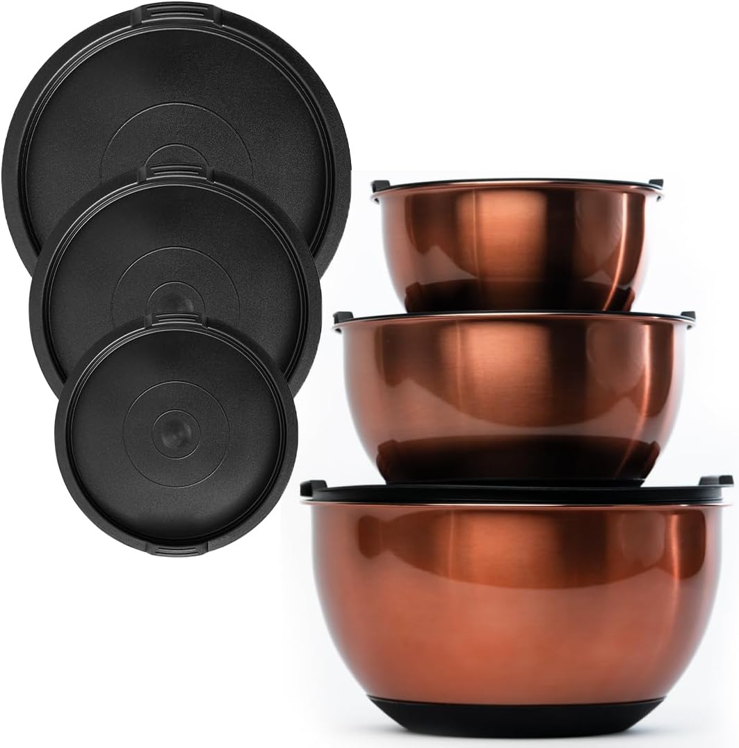 Samma Copper Mixing Bowl Set - Stainless Steel Body with Black Silicone Bottom - 3 Piece Set with Lids