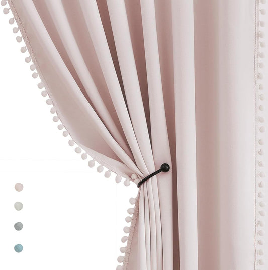 Pompom Blackout Curtains for Bedroom Pink Girls 84 inch Energy Efficient Thermal Insulated Living Room Darkening Curtain Panels for Kitchen Nursery Room 52" w x2 Panels Rod Pocket