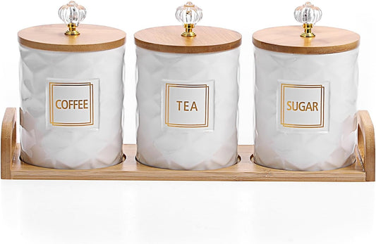 JUXYES Set of 3 Ceramic Canisters Set for Sugar Coffee Tea With Handle Tray, Luxurious Storage Containers Sets with Lids Decorative Storage Pots White Ceramic Storage Jar for Kitchen Dining Counter