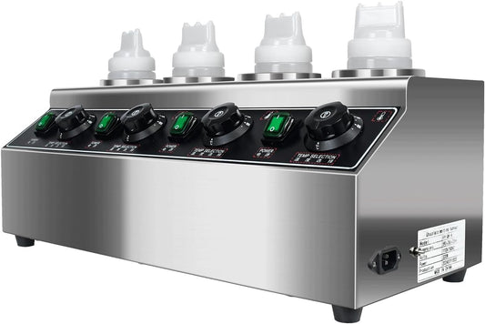 KOOTEN Electric Cheese Warmer Commercial Sauce Bottle Warmer Chocolate Warmer Dispenser,4x0.68 Qt Nacho Cheese Warmer 86-185°F Hot Fudge Warmer with 4 Bottles