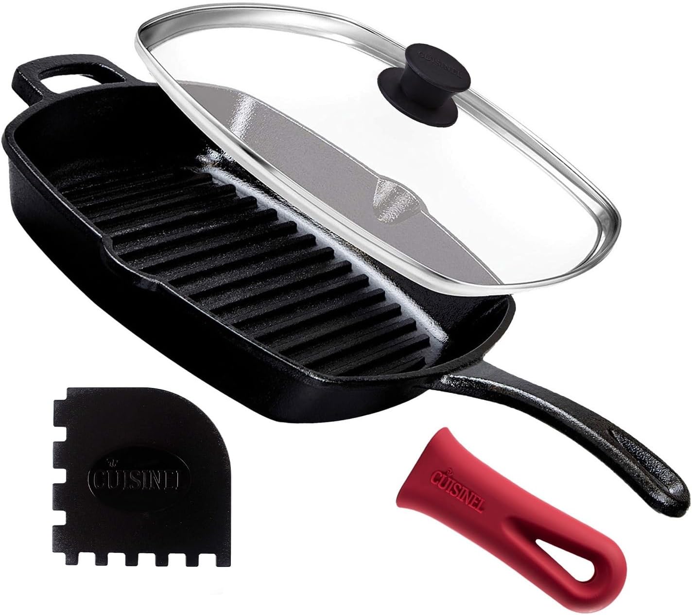 Cuisinel Cast Iron Square Grill Pan + Glass Lid + Pan Scraper + Handle Cover - 10.5" Pre-Seasoned Ridged Skillet - Grill, Stovetop, Fire, Indoor\/Outdoor Use - for Grilling, Frying, Sauteing