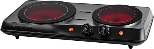 OVENTE Countertop Infrared Double Burner, 1700W Electric Hot Plate and Portable Stove with 7.75" and 6.75" Ceramic Glass Cooktop, 5 Level Temperature Setting and Easy to Clean Base, Black BGI102B