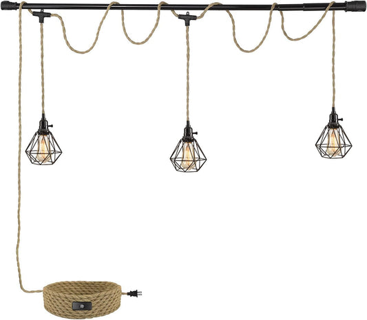 KENMI 3-Light Hanging Light with Plug in Cord,Plug in Pendant Light 22ft Hemp Rope Pendant Lighting Vintage 3-Light Hanging Lamp Fixtures for Kitchen Island Living Room Bedroom