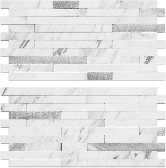 AULIGET 20 Sheets Faux Stone Peel and Stick Backsplash, White Marble Look PVC Wall Tiles Stick on Backsplash for Kitchen