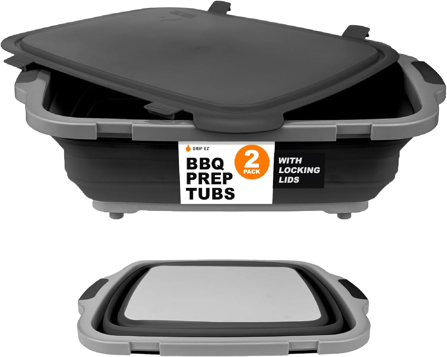 Drip EZ Collapsible BBQ Prep Tubs 2-Piece Set- For Meal Prep Marinating Food Storage - Includes Cutting Board & Lid - (1) OG + (1) XL - Black