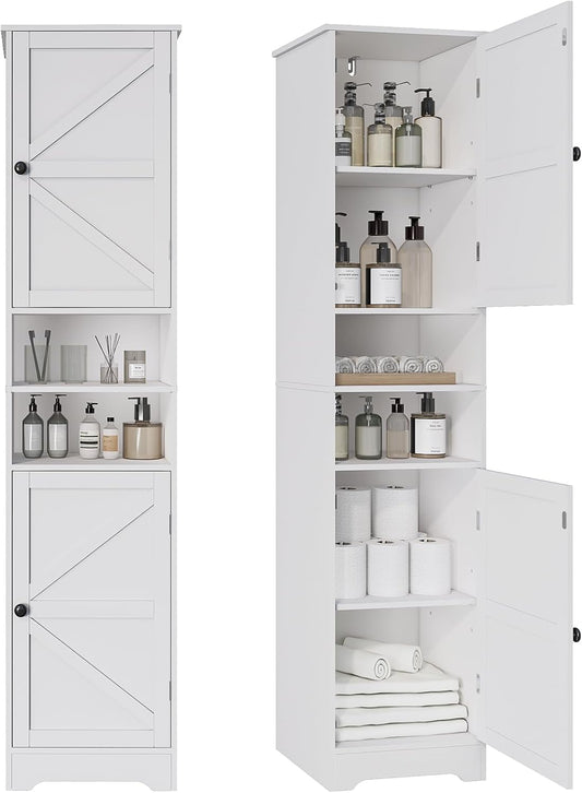 Viaozutis Tall Bathroom Cabinet, Storage Cabinet with 2 Doors & 2 Open Storage Compartments, Adjustable Shelf, for Bathrooms, Kitchens, Entrances, or Bedrooms（White）