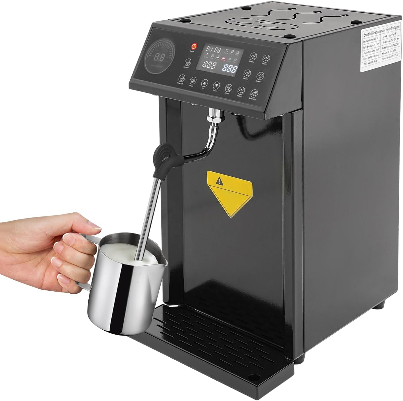 Commercial Milk Frother, 8L Automatic Milk Foam Machine Electric Steam Milk Frothing Machine Coffee Milk Foam Machine Steamer with LED Display for Tea Coffee Shop Black
