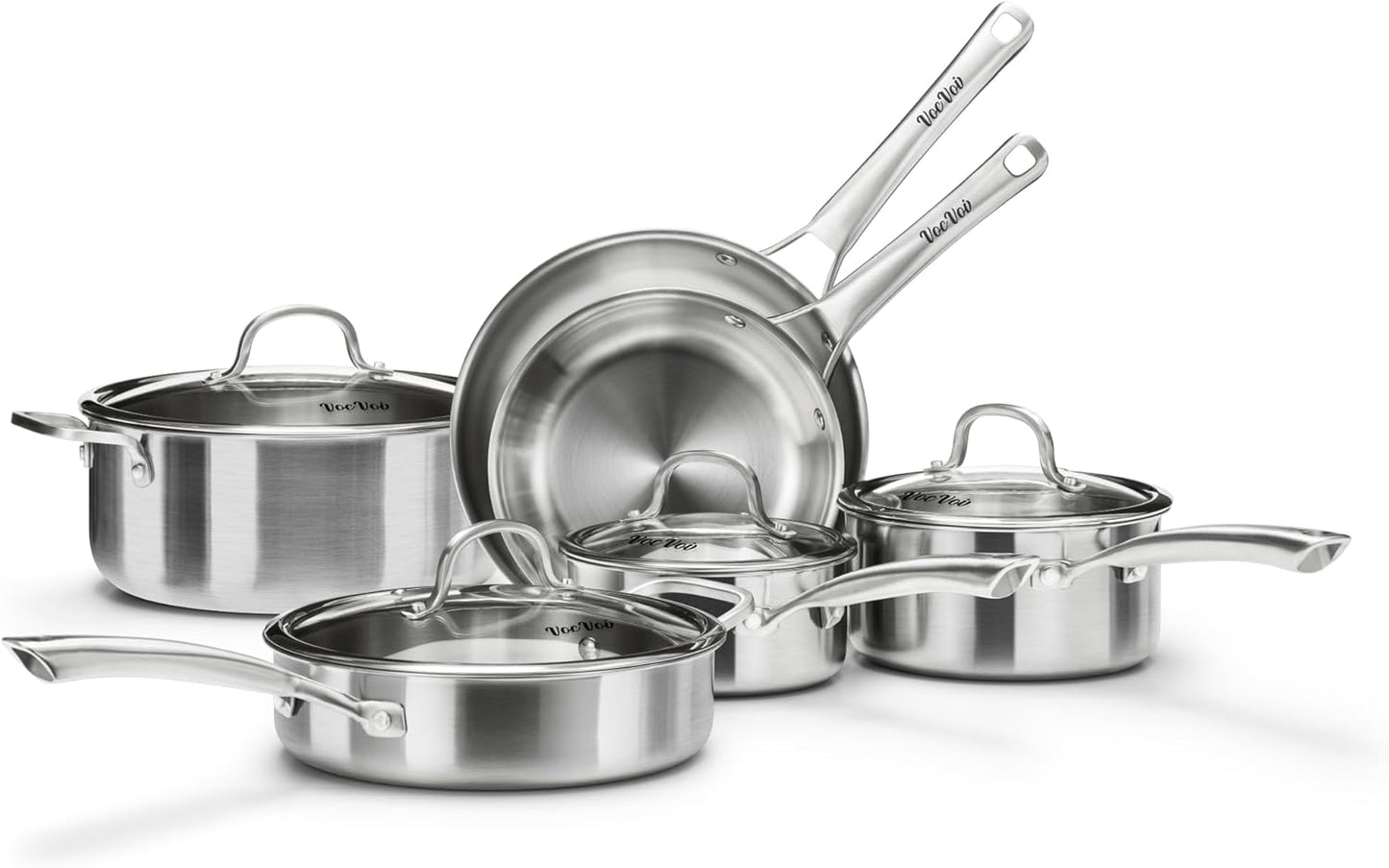 Stainless Steel Cookware Set,Tir-Ply Pots and Pans Set,10 Pcs Stainless Steel Induction Kitchen Cookware Sets,PFOA Free, Frying Pans,Saucepans,Saute Pan & Stock Pot,Compatible with All Cooktops