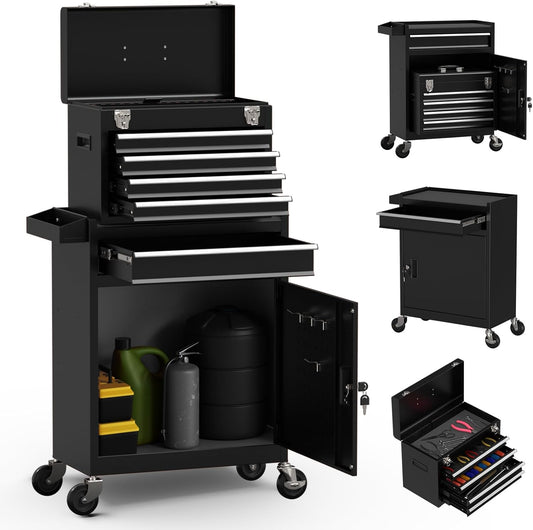5-Drawer High Capacity Rolling Tool Chest, Removable Cabinet Storage Tool Box with Wheels and Drawers, Detachable Toolbox with Lock for Mechanics Garage Workshop (Black, 5-Drawer)