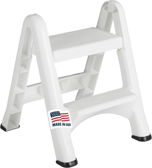 Rubbermaid Two-Step Folding Foot Stool 14-Inch High White 300 Pound Capacity Small Step Stool for Adults\/Kids for Use in Library\/Kitchen\/Bathroom\/Garage\/Closet