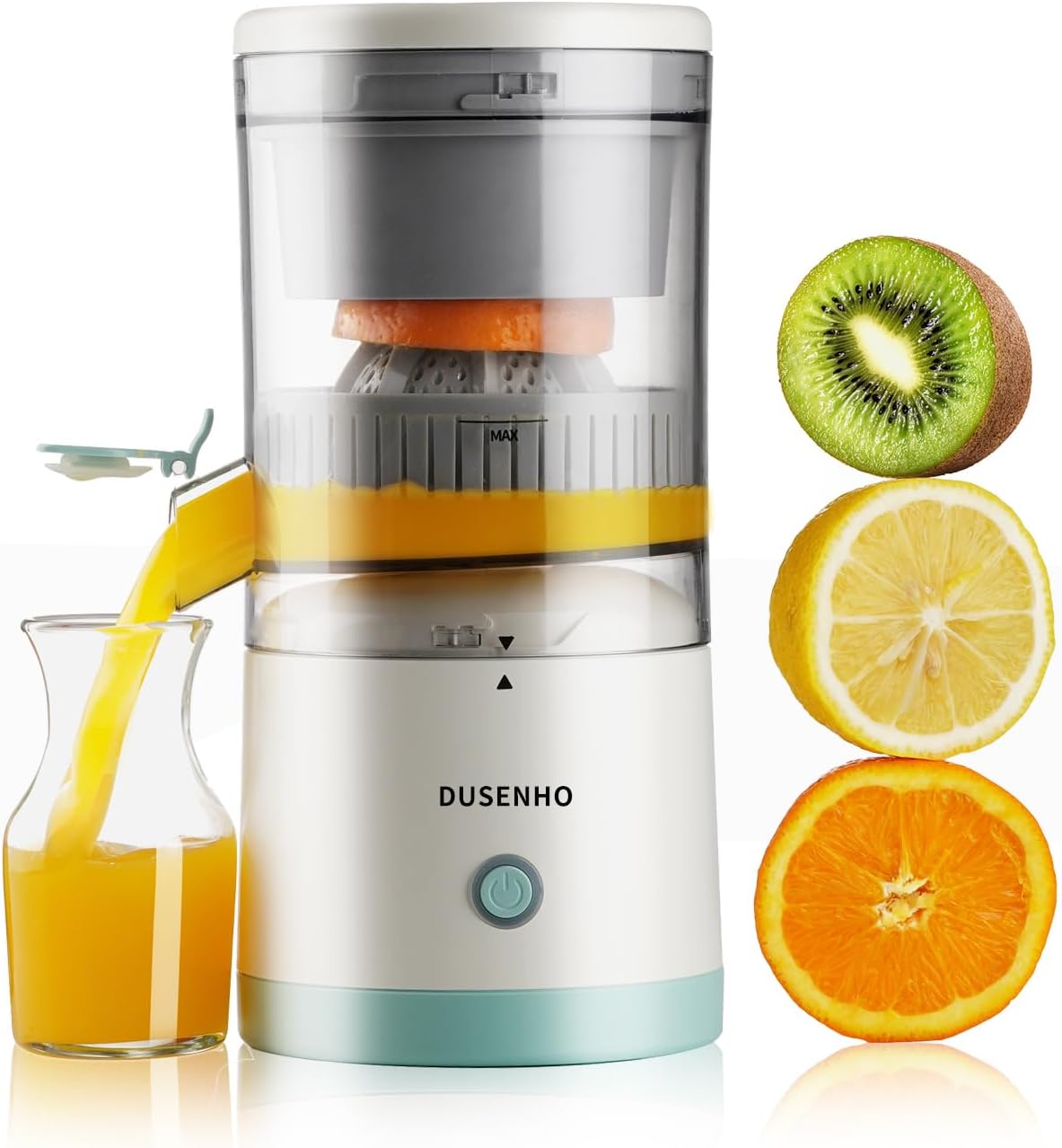 DUSENHO Electric Juicer Rechargeable - Citrus Machines with USB and Cleaning Brush Portable for Orange, Lemon, Grapefruit White + Green 9.4 * 4.4 * 5.4 inches