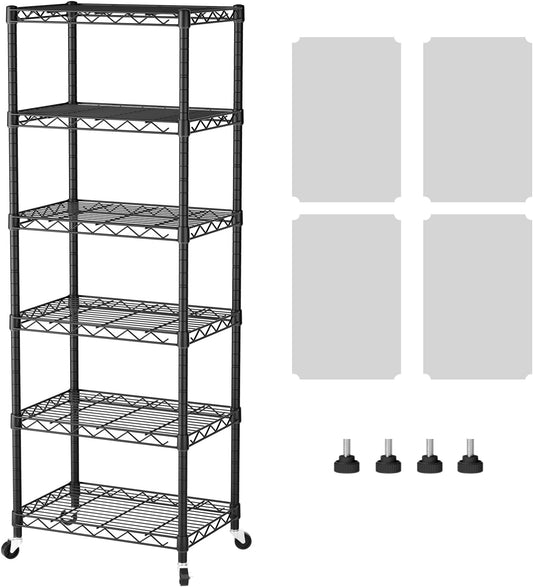 SINGAYE 6 Shelf Storage Wire Shelves Closet Bathroom Organizers Metal Pantry Kitchen Small Garage Shelving Unit Laundry Room Organization Home Narrow Rack Net Basket with Wheels Black