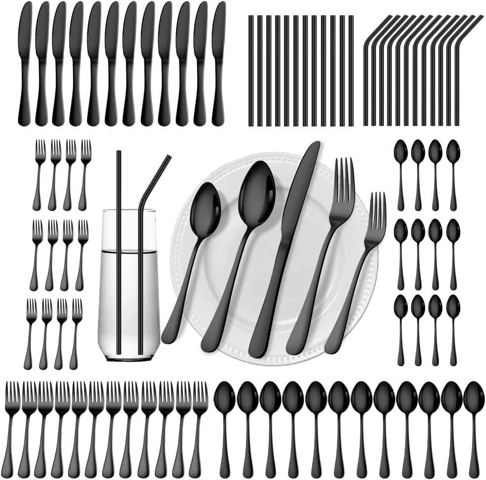 Gutuwellea 84 Pieces Black Silverware Set Service for 12 Flatware Set with Straws Stainless Steel Utensils Cutlery Set Dishwasher Safe