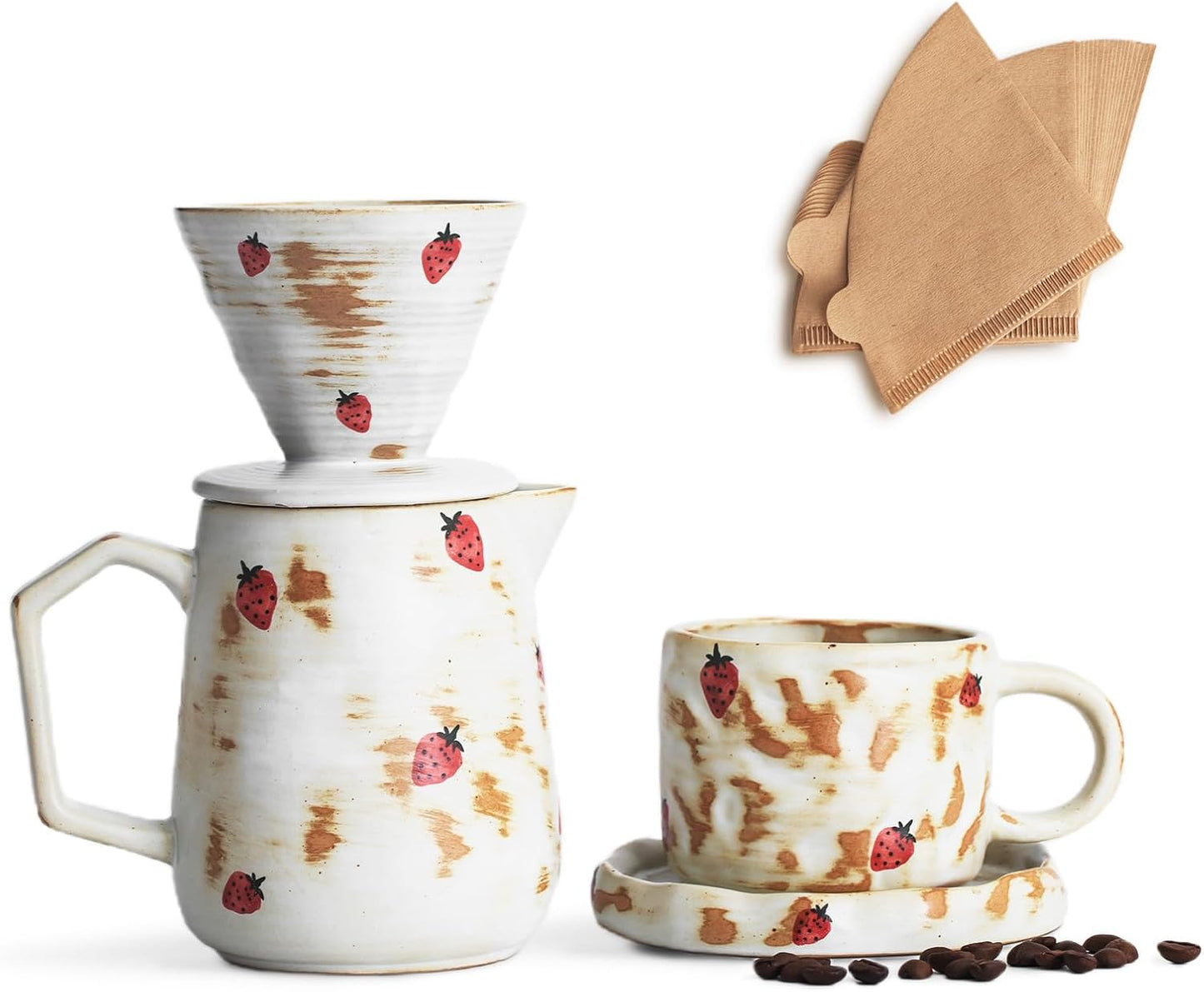 Roperu Handcrafted Pour Over Coffee Maker Set with Coffee Cup with Strawberry Pattern 20 Count Paper Filter V60 Drip Coffee Maker 20 oz Coffee Dripper (Strawberry)