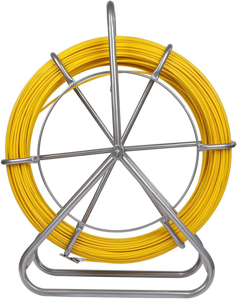 FAHKNS 425FT Fish Tape Fiberglass 1\/4 inch(6MM) Fishing Wire Puller Duct Rodder Cable Running Electrical Fishtape Tool Rod with Steel Reel Stand Through Wall Pipe Length Marking in Meter