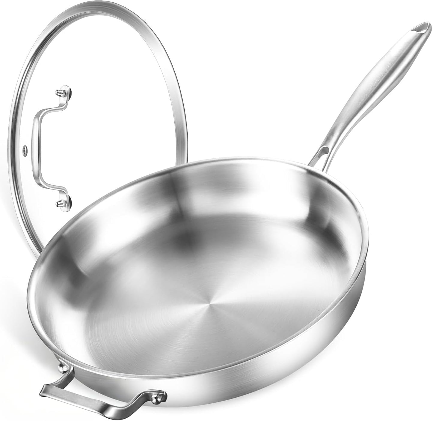 DELARLO Stainless Steel Pan 14-Inch, Large Frying Pan with Lid, Heavy Duty, Compatible with Induction, Gas and Electric up to 650℉, Fast & Even Heating, Durable, Dishwasher, Oven Safe Skillet