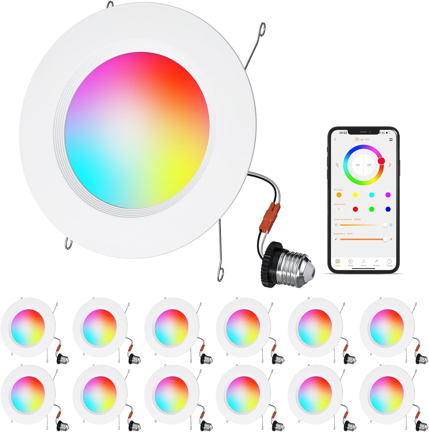 HYDONG Color Changing LED Can Lights,12Pack Retrofit LED Recessed Lighting 5\/6inch,13W 1050LM Smart Recessed Can Lights,Compatible with Alexa,Bluetooth APP Control,for Bedroom Kitchen Living Room
