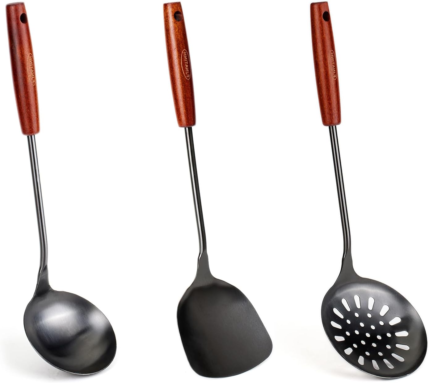 FJNATINH Wok Spatula and Ladle,Skimmer Ladle Tool Set, 17inches Spatula for Wok, 304 Stainless Steel Wok Spatula,Black