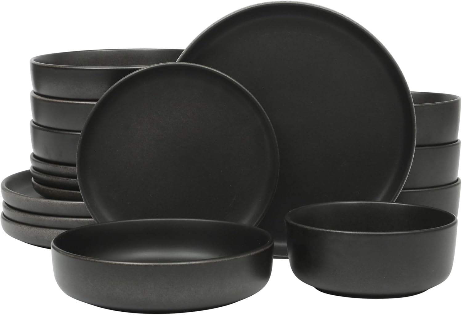 Gibson Elite Pasco 16 Piece (Service for 4) Plates and Bowls Double Bowl Reactive Glaze Dishes Stoneware Ceramic Dinnerware Set - Black