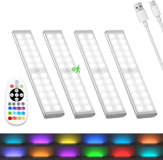 Haigvel Under Cabinet Lights Wireless, 58-LED Rechargeable Motion Sensor Closet Lights with Remote Control, RGB Color Changing Under Counter Lights for Kitchen, Pantry, Bedroom, Stairs, 4 Pack