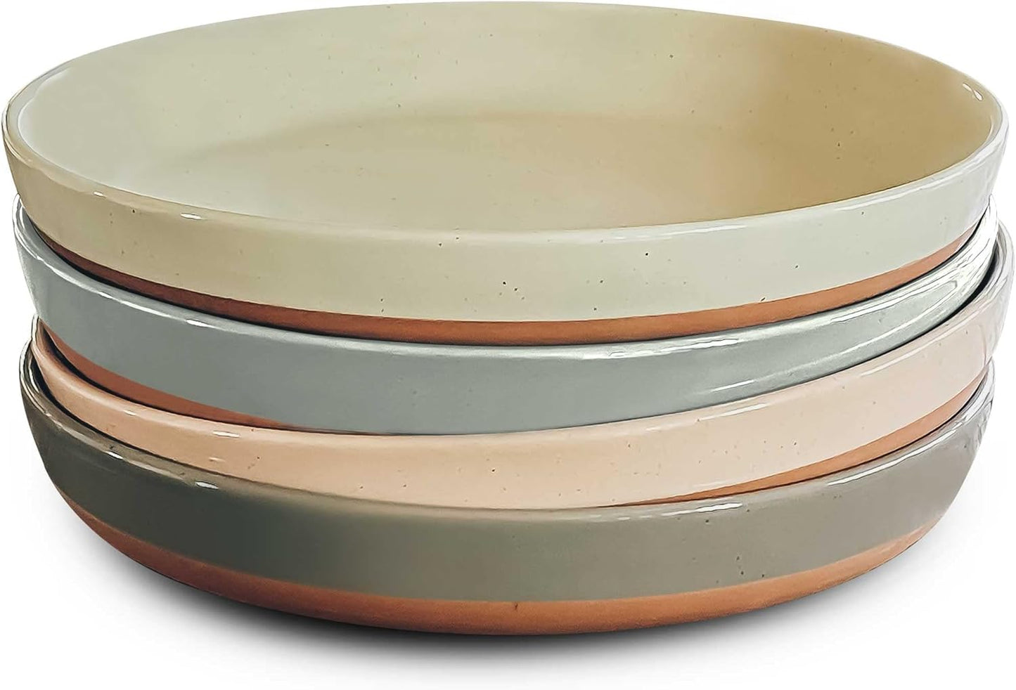 Mora Ceramic Flat Pasta Bowl Set of 4-35oz, Microwave Safe Plate with High Edge for Kitchen and Eating, Large Wide Bowls\/Plates for Serving Dinner, Salad, etc- Neutrals