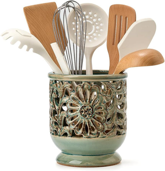JH JIEMEI HOME Farmhouse Kitchen Utensil Holder for Countertop, Ceramic Large Cooking Utensil Crock with Cork Mat, Decorative Rustic Utensil Holder for Kitchen Counter, Hollow Carving Flower, Blue